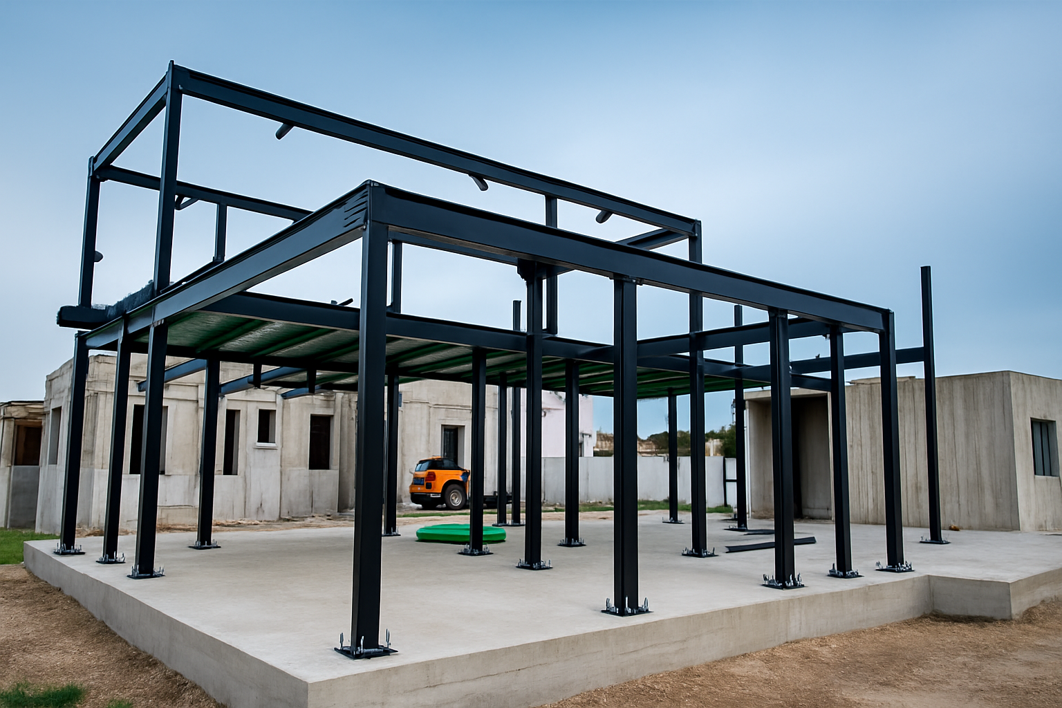 שלד פלדה מתקדם בשלבי הקמה לבנייה פרטית בשיטת בנייה מתקדמת